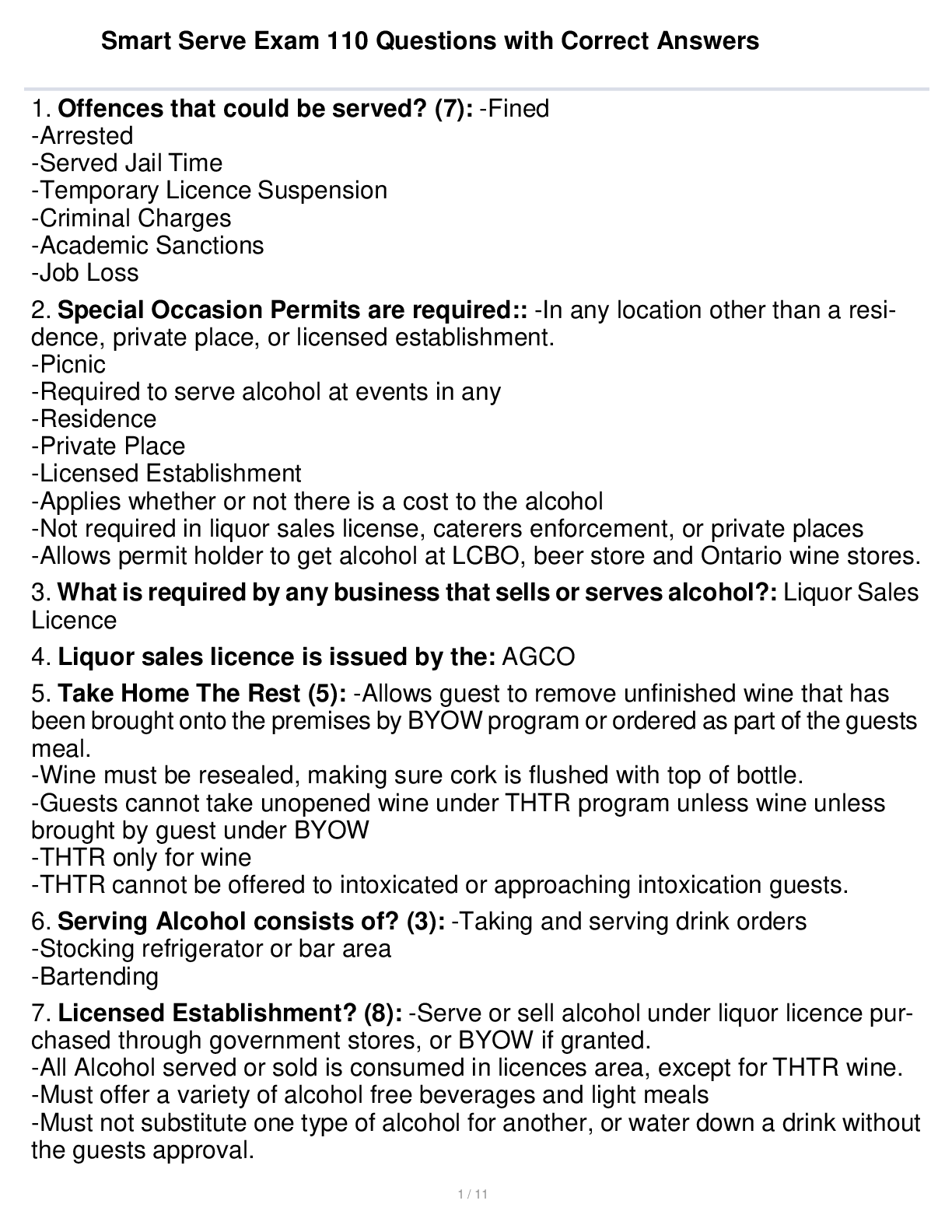 Preview image for Smart Serve Exam 110 Questions with Correct Answers